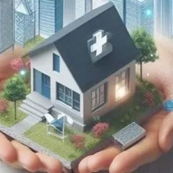 En hånd som holder et hus omringet av digitale komponenter. KI generert