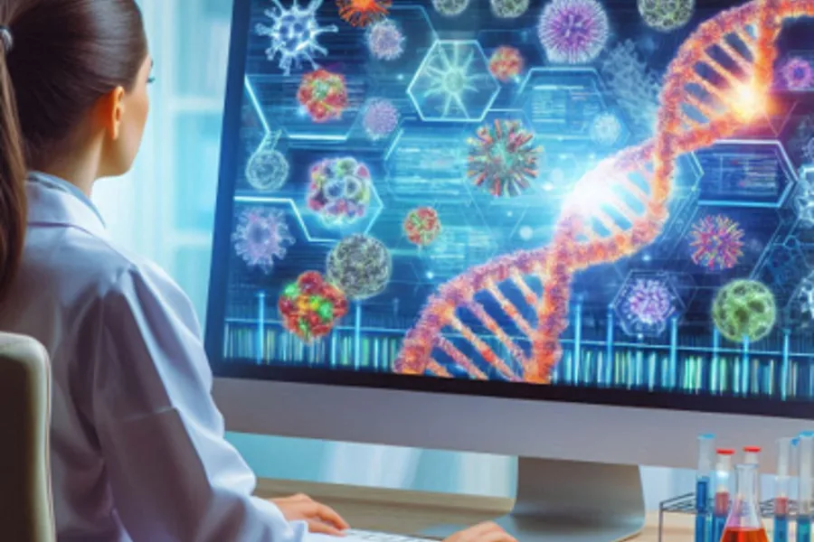 A woman sitting at a desk looking at a screen with dna